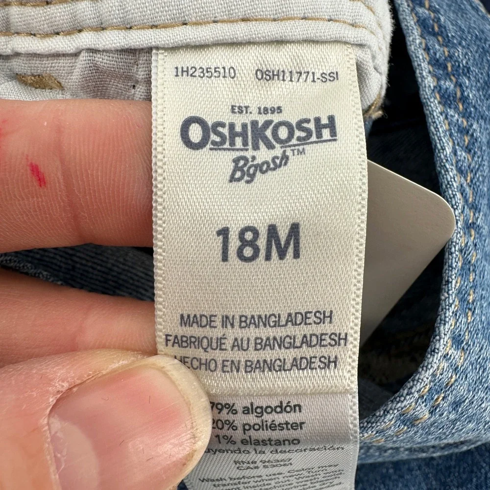 OshKosh Bgosh Girls Blue Denim Floral Trim Bib Overalls 18M 1H235510